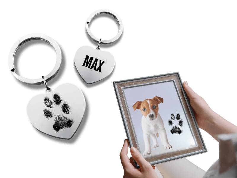 herdenkingssleutelhanger huisdier met gegraveerde pootafdruk en hondennaam max in zilveren hart